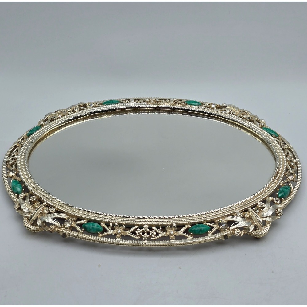 Vintage Ornate Gold Tone Mirror Vanity Tray Art Deco MCM Hollywood 8x5.5